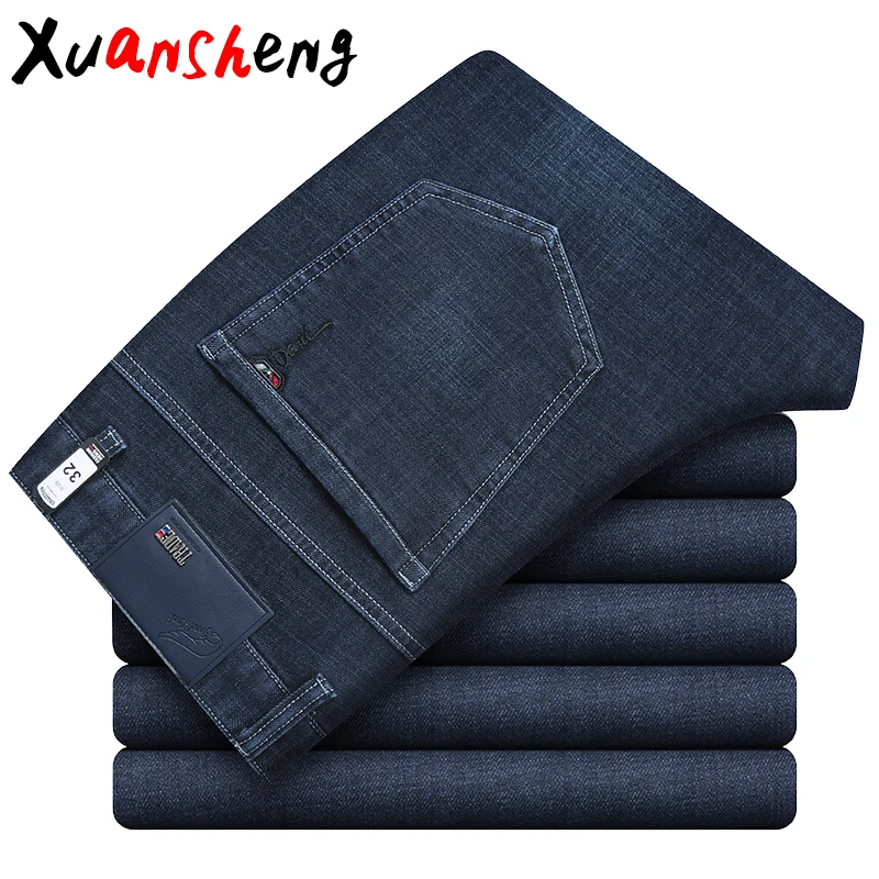 Xuansheng, прямые мужские джинсы, осень, плотные, классические, Бизнес Стиль, для работы, стрейч, модные, повседневные, длинные штаны, уличная одежда, новые джинсы - Цвет: Navy blue