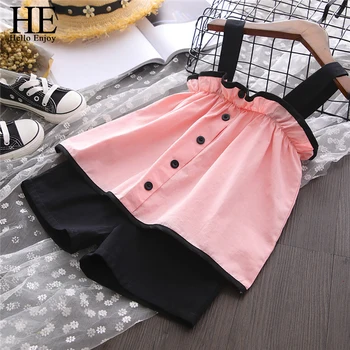 

HE Hello Enjoy Baby Girls Clothes Sets 2020 Summer Lotus leaf strap Baby Shirt + Shorts Children Clothing Kids Casual Outfit