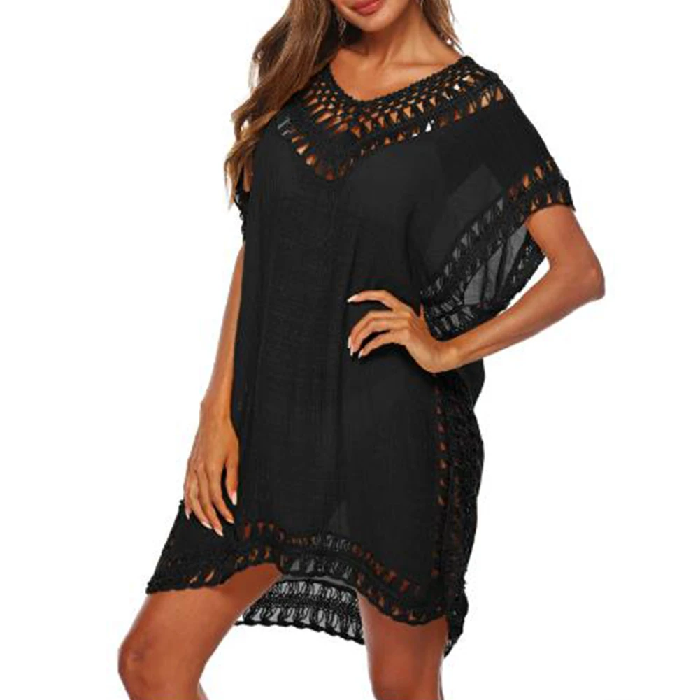 

Women Blouse Fashion Bathing Sunscreen Holiday Short Sleeve Beach Wear Swim Bikini Cover Up Loose Pierced Edge V Neck Sexy Solid