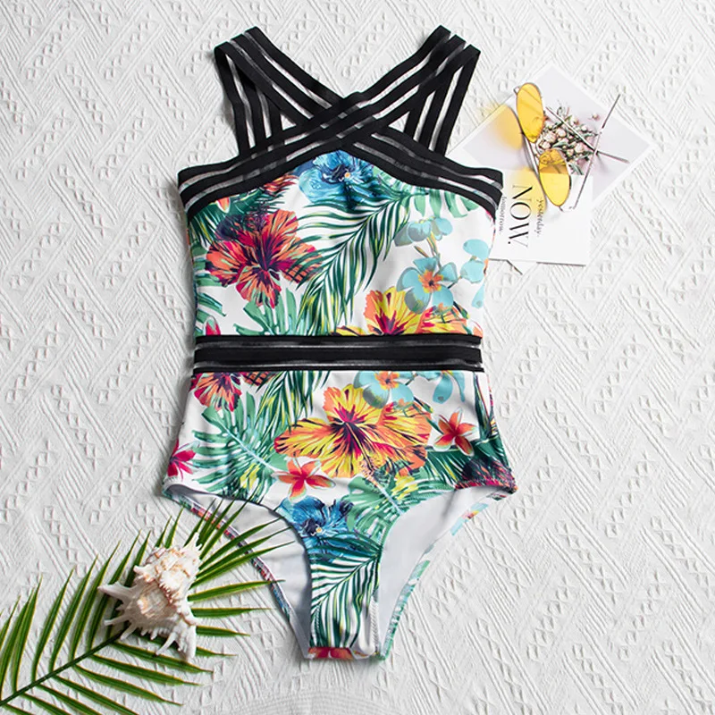 2021 Europe and The United States New Bikini Rainforest Leaves Fashion Sexy Print One-piece Swimsuit 2 Women bathing suit with matching cover up