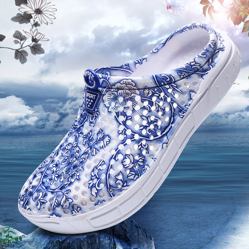 

GAOKE 2020 Summer Women Beach Slippers Blue and White Print Breathable Mesh Shoes For Flip Flop Massage Slippers Plus Size 41