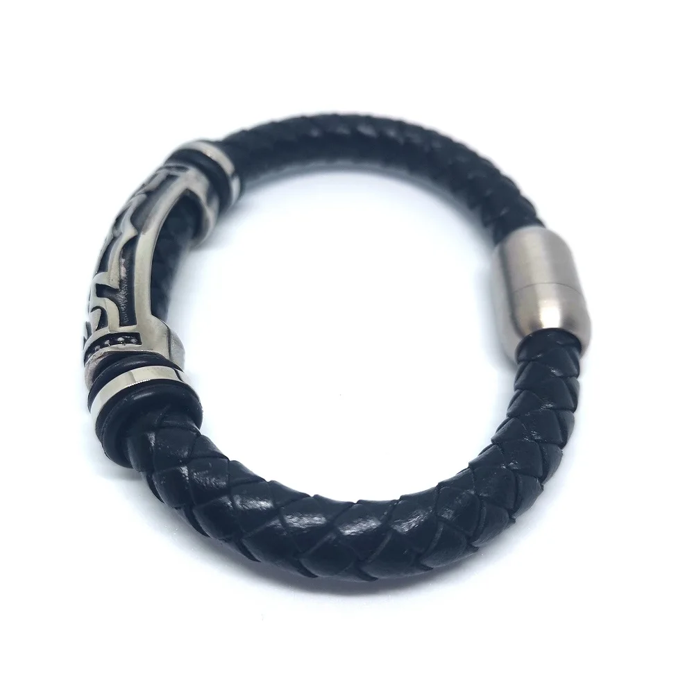 Megin D Stainless Steel Weaven Leather Motor Cycle Rider Retro Bangle Wrist Band Chains Bracelet for Men Women Gift Jewelry