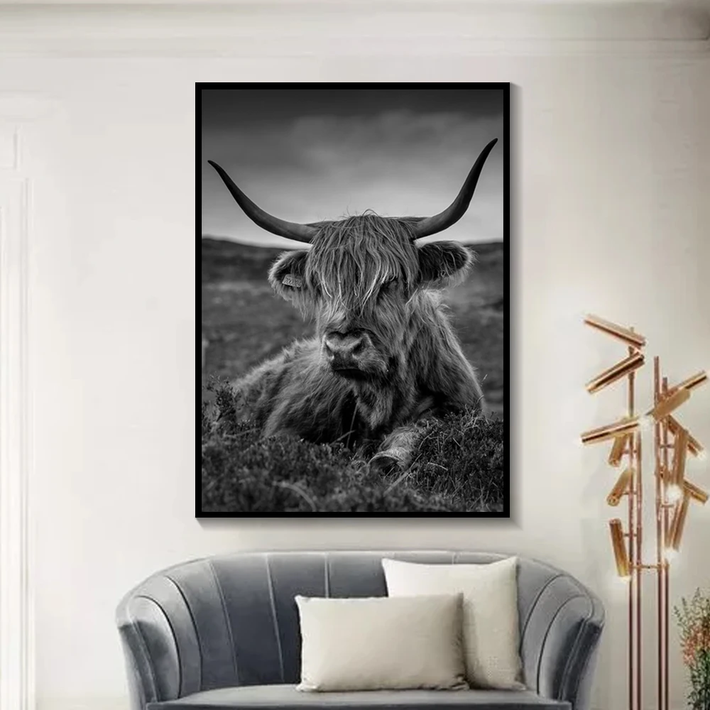 Minimalist-Farm-Animal-Canvas-Painting-Black-Highland-Cow-Wall-Art-Highland-Bull-Posters-and-Snow-Prints