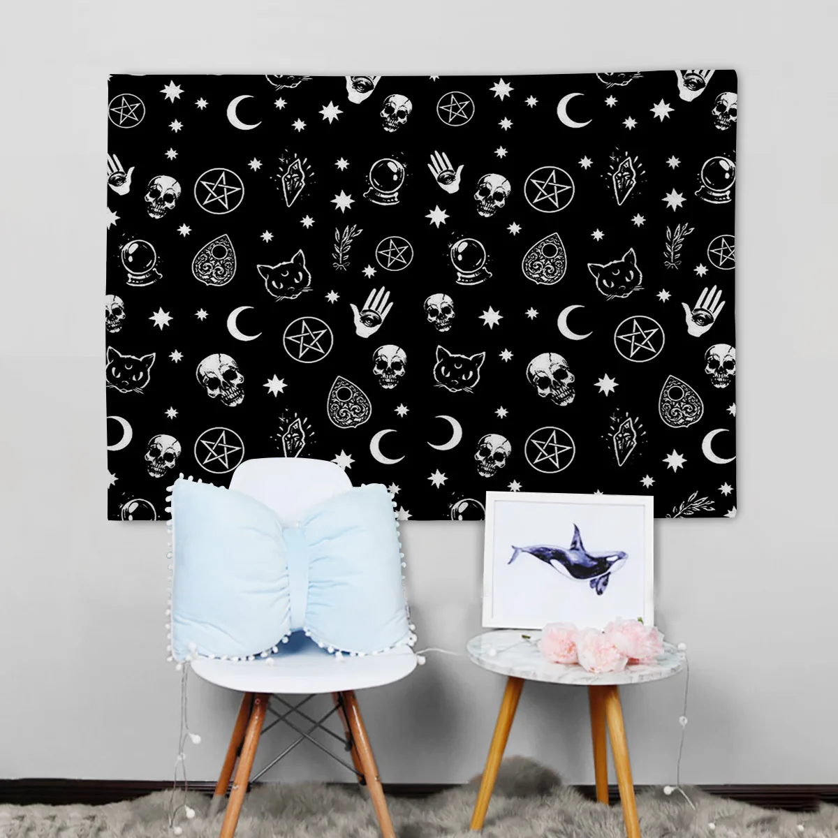 Black Skull Head And Cat Wall Tapestry Beach Towel Home Decoration