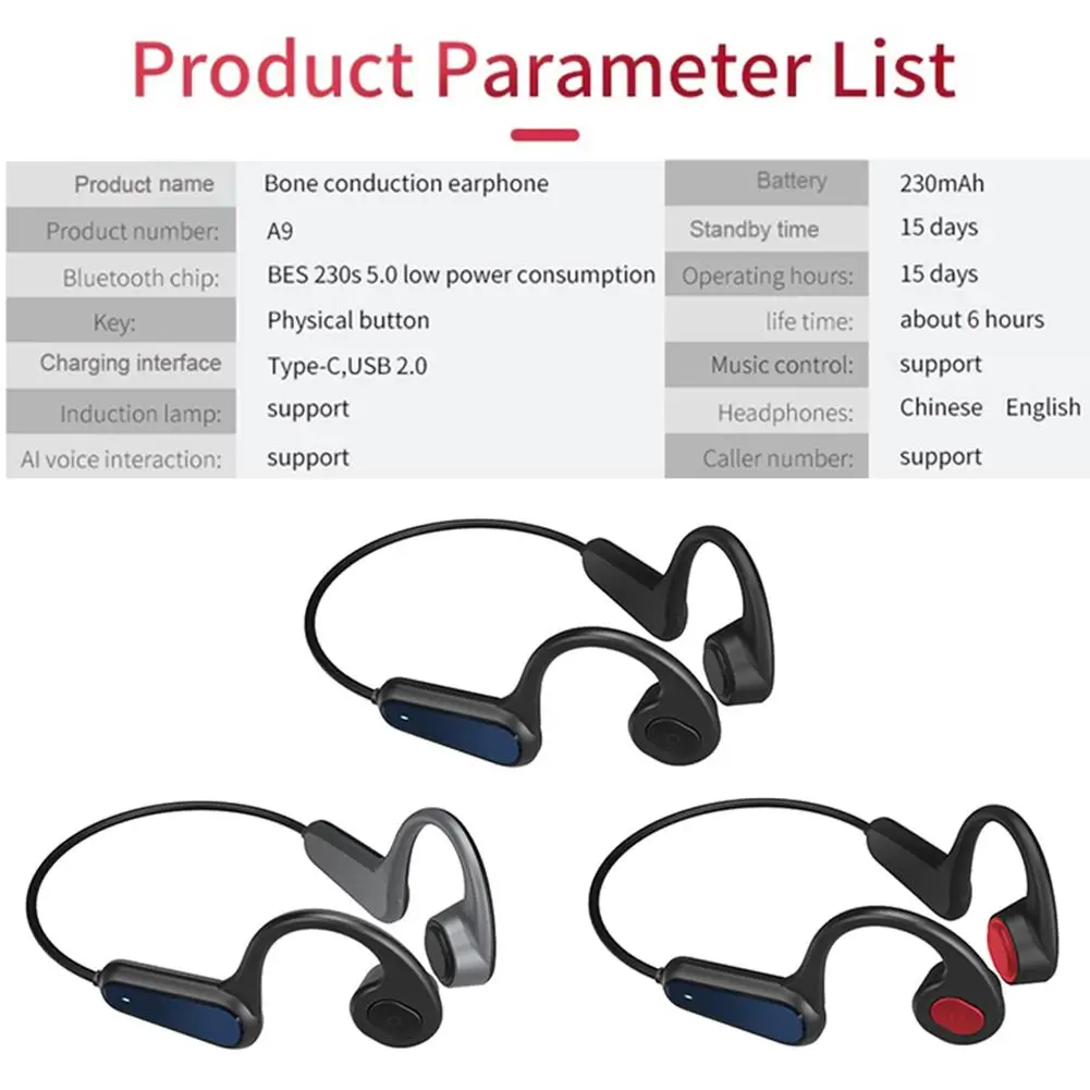 A9, портативные беспроводные наушники с костной проводимостью, Bluetooth 5,0, Hi-Fi, спортивные наушники, IP56, стерео, громкая связь, HD, вызов, Шейная гарнитура