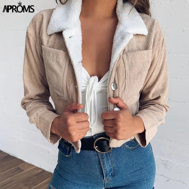 US $19.79 Aproms Khaki Fleece Trucker Jacket Women Front Pockets Thick Warm Basic Cropped Coat Winter Soft Co