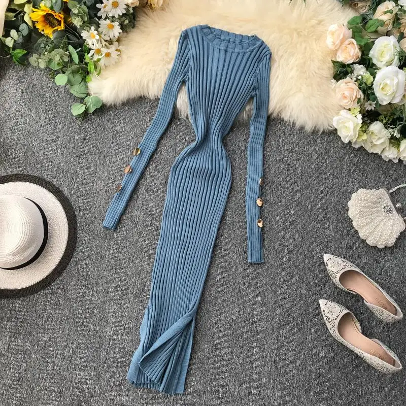 Женское трикотажное платье ALPHALMODA пуловер на пуговицах с рукавами вязаное