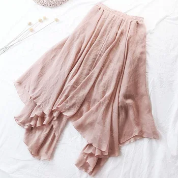 

Women Cotton Linen Long Skirt Elastic High Waist Asymmetrical Maxi Skirt Vintage Female Elegant Solid Pink Pleated Skirt Faldas