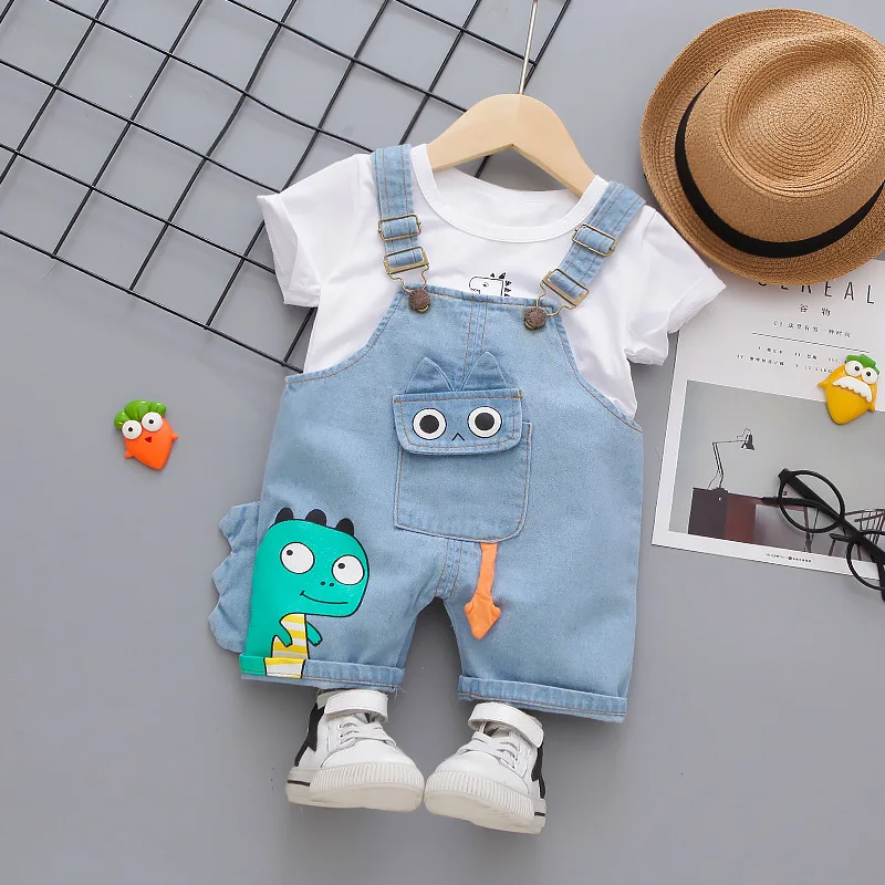 Conjunto para Meninos do Bebê Novo de Manga Denim Macacão Roupas O-pescoço Camiseta Shorts 2 Peças - Set Curta Infantil Crianças 2 Cheap Conjuntos de roupas