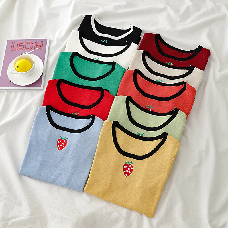 

Casual Knitted T-Shirt Women Korean Strawberry Embroidery Tops 2020 Female Short Sleeve Tops Summer Funny T-Shirt Camiseta Mujer