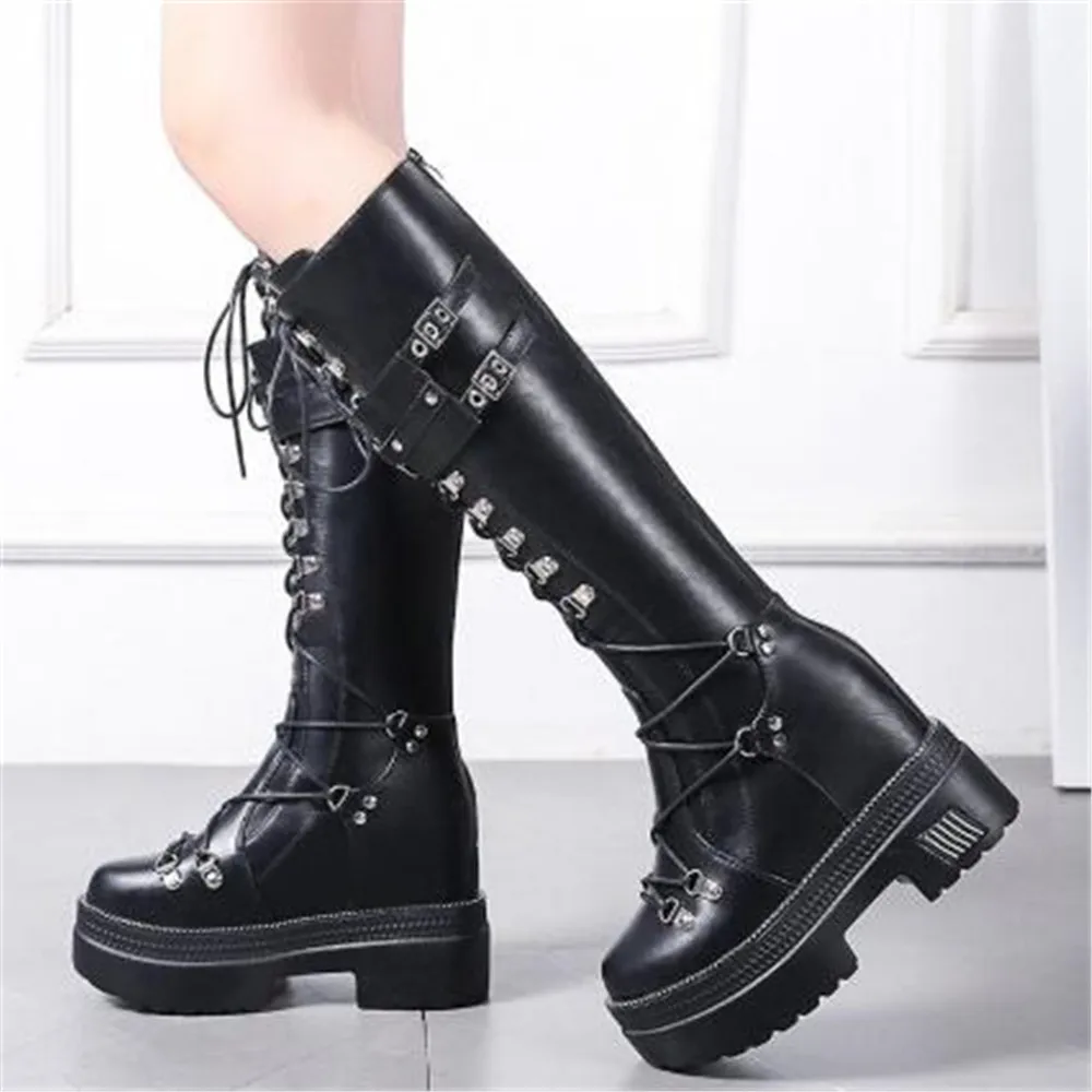 Autumn Rivet Buckle Knee High Boots Women Punk Gothic Platform Woman Metal Lace Up Chunky Military boots Hidden Heel Shoes | Обувь