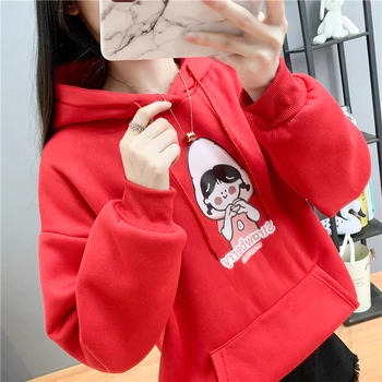 

Coat Female Autumn And Winter 2019 Korean Style Trend Big Code Printing Plus Velvet Lian Hat Sweater Wild Loose Pullover Long