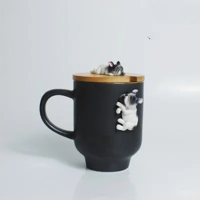 Black bulldog 2 401 мл Kawaii Dog керамическая 3D корги Французский бульдог кружка с бамбуковая чашка крышка креативный декор дома магазина Органайзер подарки для девочек - Цвет: Black bulldog 2