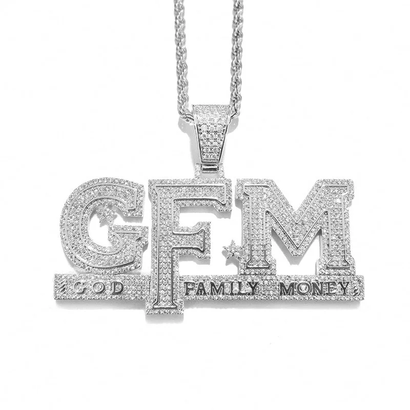 Iced Out Letters Pendant Necklace New Arrival God FAMILY MONEY AAA Zircon Men's Charms Necklace Hip Hop Jewelry - Окраска металла: Имитация родиевого покрытия