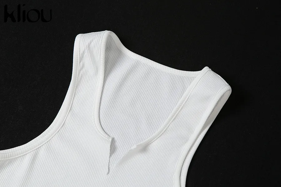 Kliou Cotton Sleeveless V-Neck Women Dress Elastic Fitness Fashion Solid White Skinny Bodycon Mini Dresses Streetwear Outfits womens clothes