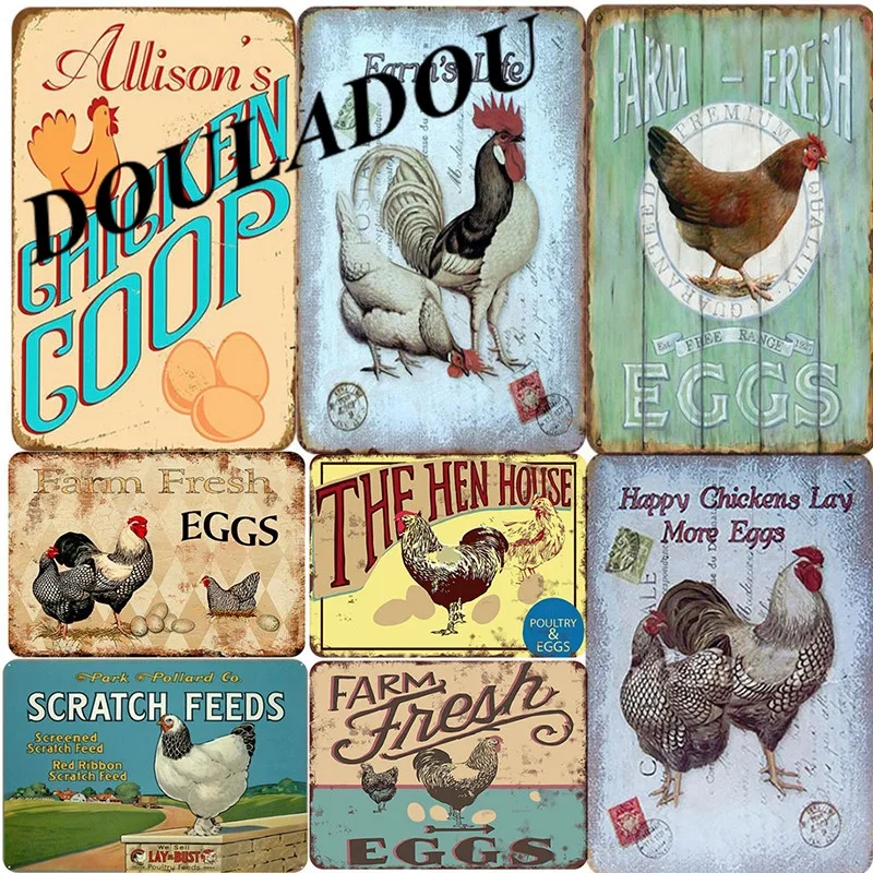 [Douladou] Chicken Fresh Eggs Plaque Vintage Embossed Metal Tin Signs Farm Shop Animals Wall Home Decor Poster 30*20CM | Дом и сад