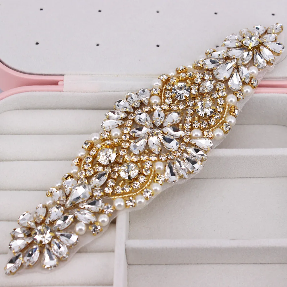 Bridal Waistband Bridal Dress Decoration 1 PCS Gold Rhinestone Appliques For Wedding Belt Shoes Jacket Jewelry DIY Sew On Rhinestone Appliques Bridal Accessories
