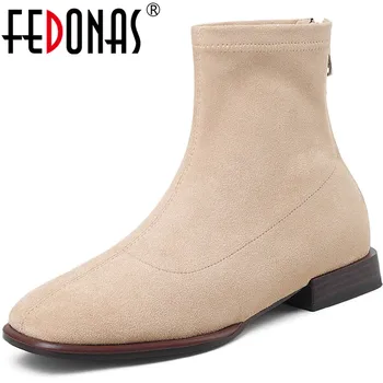 

FEDONAS Elegant Concise Suede Leather Women Ankle Boots Square Toe Thick Heels Women Pumps Autumn Winter Casual Shoes Woman
