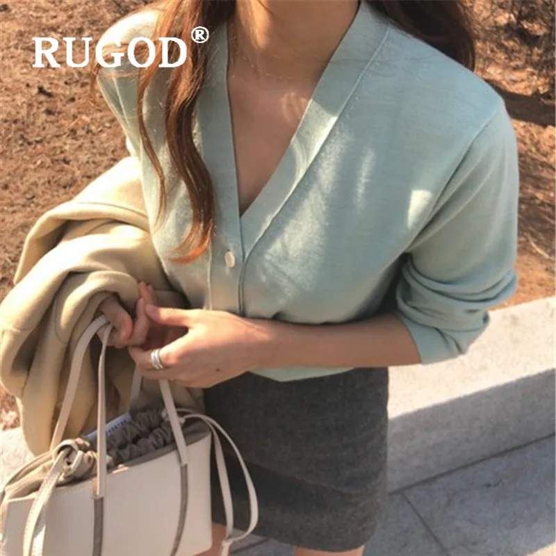 Женский мягкий кардиган RUGOD зеленый Приталенный в Корейском стиле с v-образным