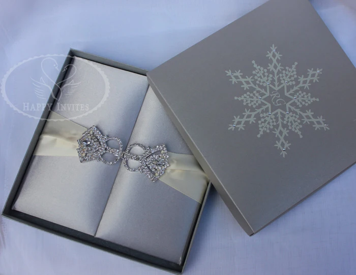 HI2003-80 Custom Silver Silk Folder Invitation with Snow Elements for Romantic Winter Wedding  More Colors Available
