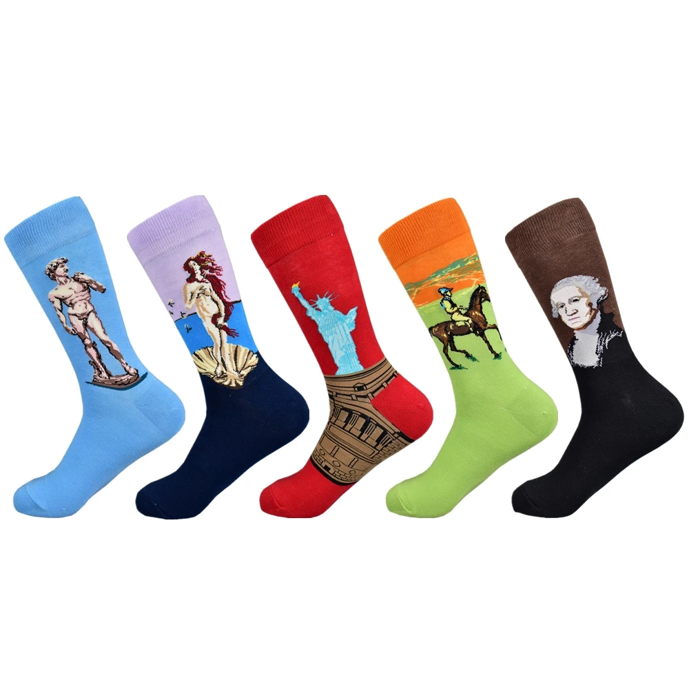 Happy Socks, ограниченная серия, повседневные, новинка, мужские забавные носки, подарочный набор, серия масляной живописи, чёсаный хлопок, новинка, мужские, 5 пар - Цвет: Синий