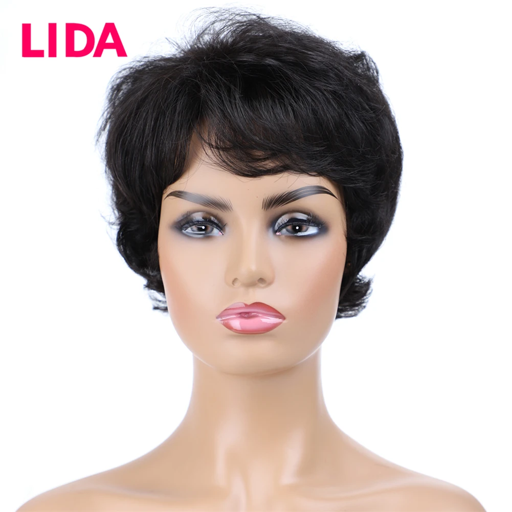  LIDA Short Human Hair Wigs 120% Destiny Natural Wavy Human Hair Wigs 6435 Remy Brazilian Human Hair