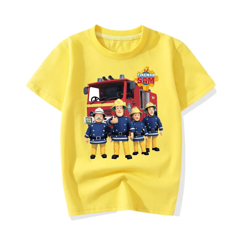 Yellow T-shirt Летние футболки для мальчиков, одежда с рисунком пожарного Сэма, милая розовая футболка для девочек, топы с короткими рукавами, хлопковые футболки для малышей, JY066 - Цвет: Yellow T-shirt