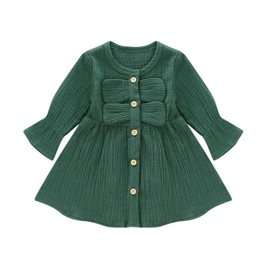 Платья для маленьких девочек с расклешенными рукавами и оборками; однотонное платье с бантом; платья для мам и детей; одежда для малышей; Прямая поставка - Цвет: Green