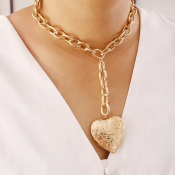 

KMVEXO Gold Color Metal Carved Heart Pendant Necklaces Steampunk Cuban Thick Chain Long Necklace Women Men Lovers Jewelry Gifts