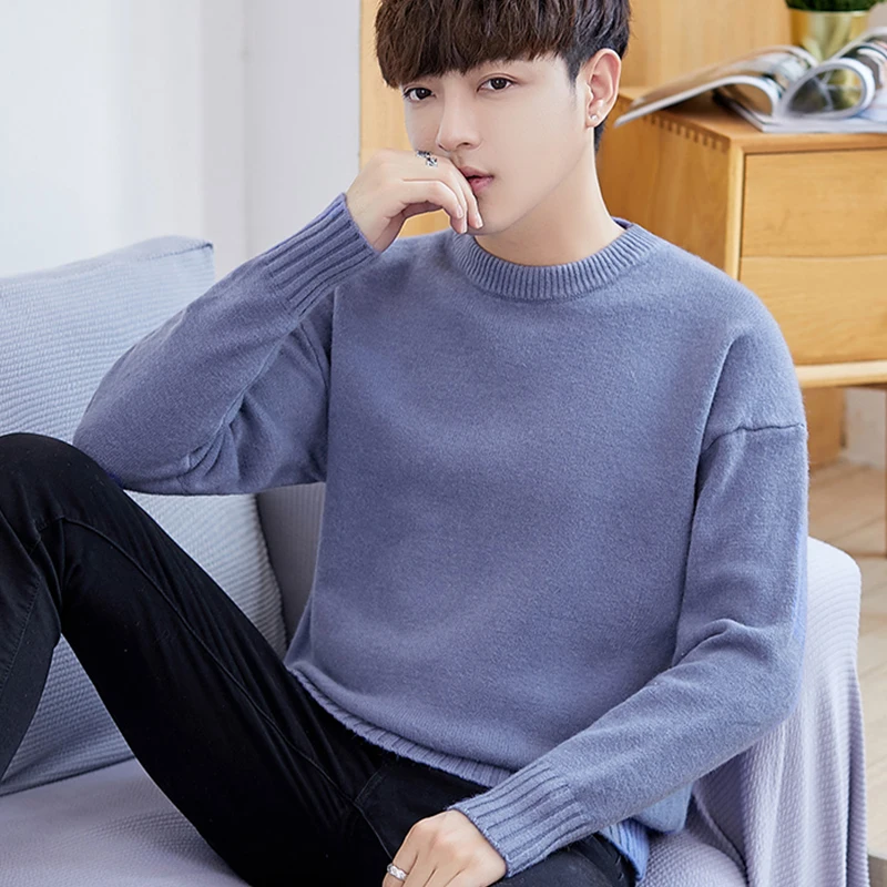 

Male winter Solid color Loose sweater Men round neck long sleeve thick warm Knitted sweaters