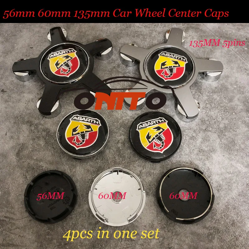 

Car-Styling 4pcs/lot For Abarth Logo Badge 56MM 60mm 135MM 5PINS Car Wheel hub Caps Emblem Car Rims Wheel Center Covers