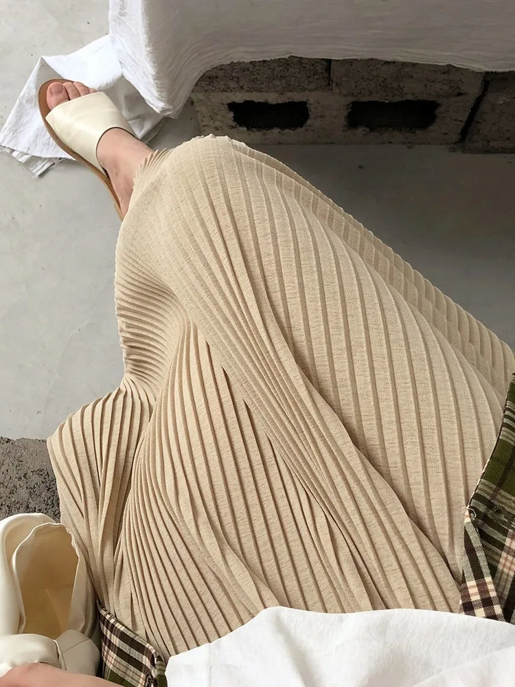 

Slimming Knit Pleated Skirt Elastic Waist Loose-Fit Elegant Mid-length Skirt