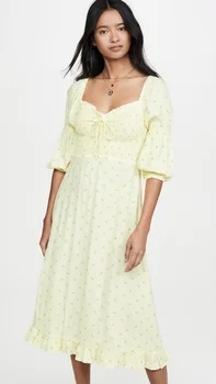 

2020 Spring Summer New Puff Sleeve Pleated Stretch green Long zaraing women Dress sheining vadiming female dress vintage Xdn9691