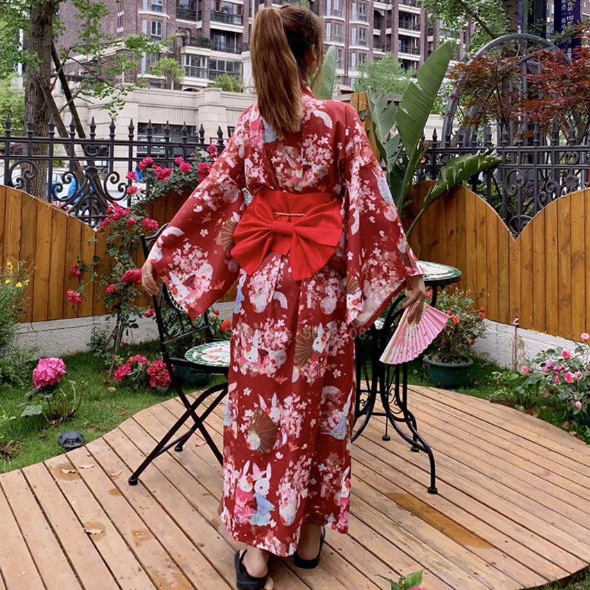 Traditional Cute Kimono Dress for Women Japanese New Year Long Sleeve Vintage Yukata with Belt Girls Kawaii Furisode Performance