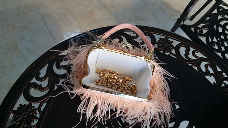 2022 Luxury Ostrich Feather Party Evening Clutch Bag Women Wedding Purses and Handbags Small Shoulder Chain Bag Designer Bag