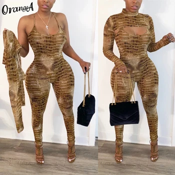 

OrangeA women serpentine o-neck full sleeve crop top halter jumpsuit fitness elastic hight 2020 fashion two piece outfits casual