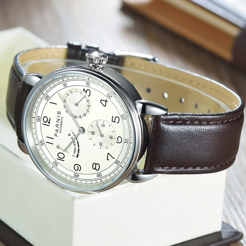 Мода Parnis 42 мм автоматические механические мужские часы кожаный ремешок Календарь Мужские часы relojes para Marca Hombre de lujo