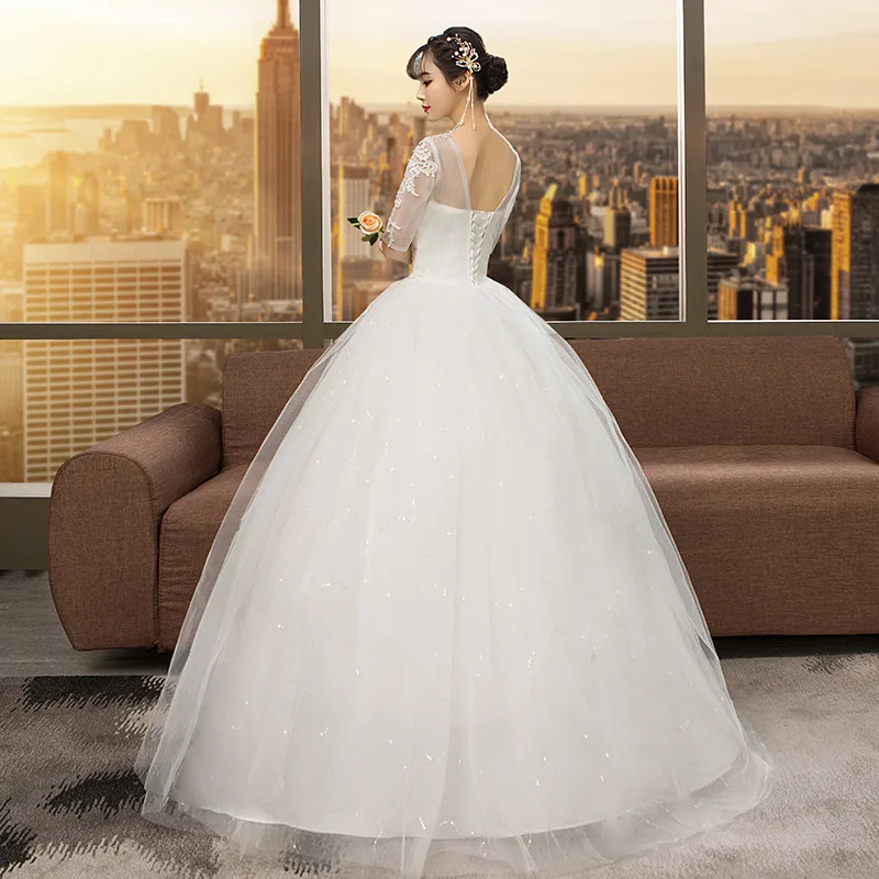 It's YiiYa Wedding Dress O-neck Half Sleeve Wedding Dress Plus Size Elegant Lace Bridal Gown Crystal Long Vestido de novia OY063