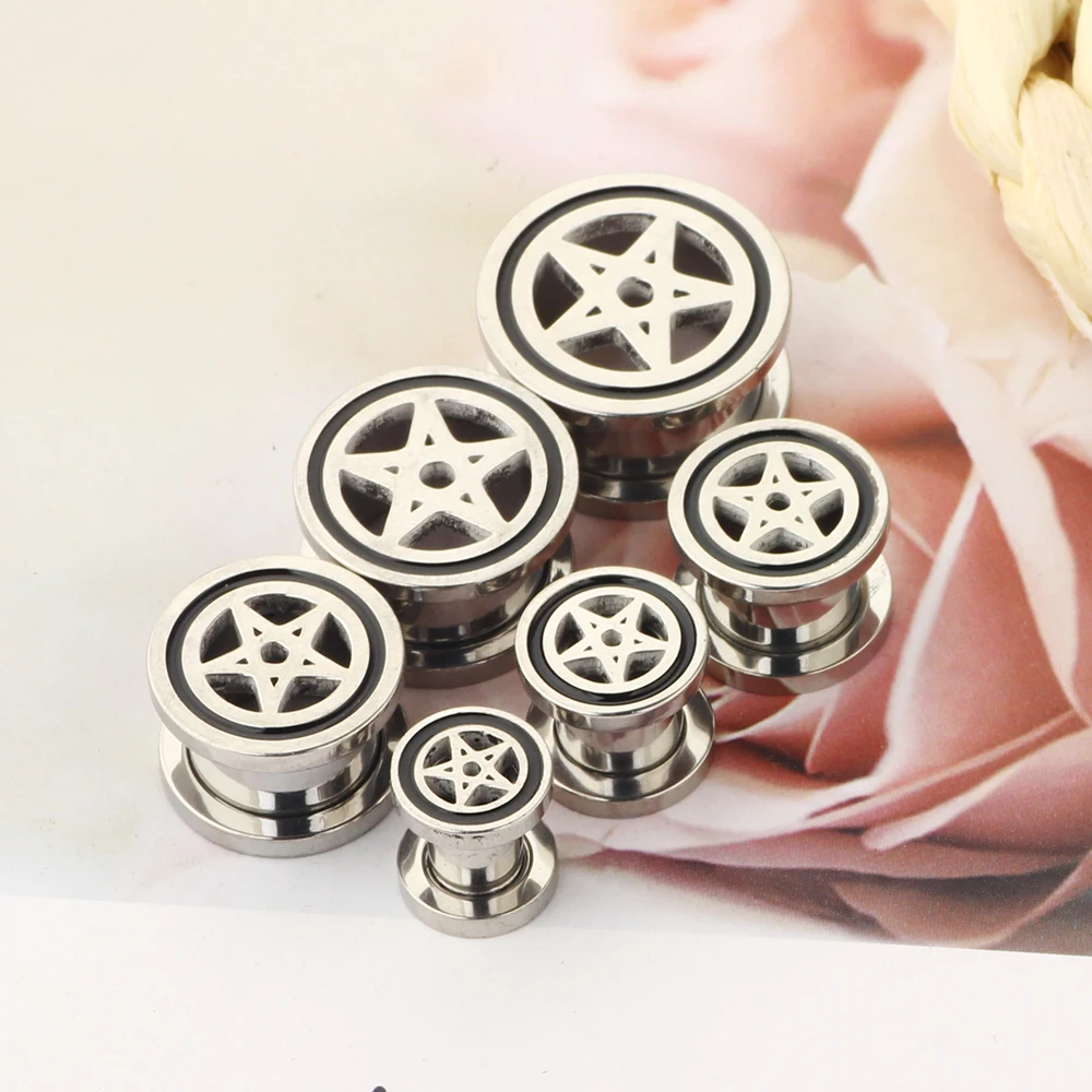 JunlowPY Pentgram Star Ear Plug Tunnels Piercing 316L Stainless Steel Expander for Ear Body Piercing Wholesaless Men Cool 6-16mm