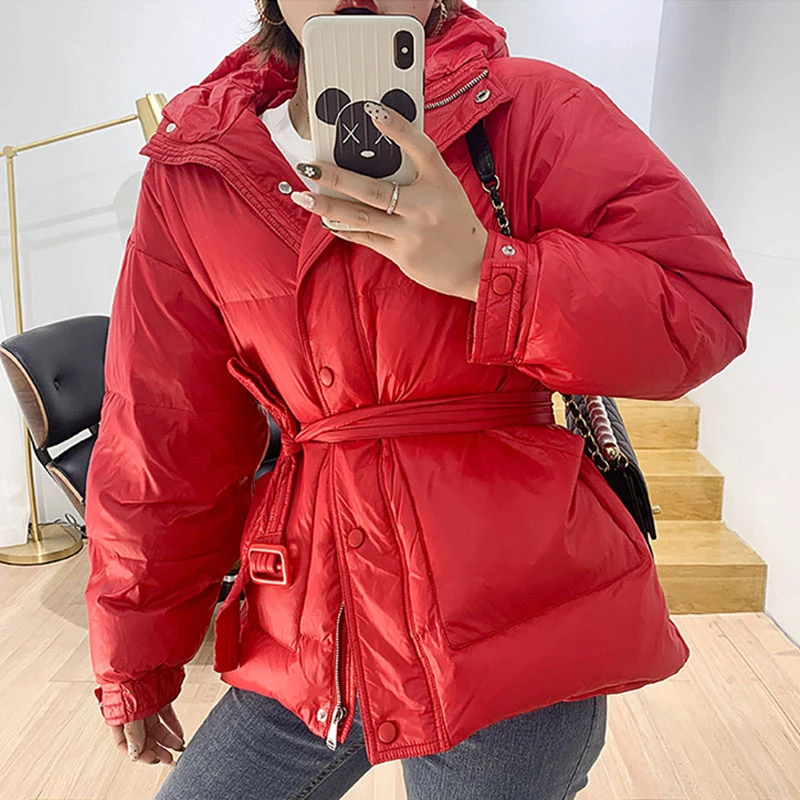 fahion Down Women Parka Winter hooded with belt Thick Warm light down jacket Female overcoat Parkas Casual Solid Coats Y70