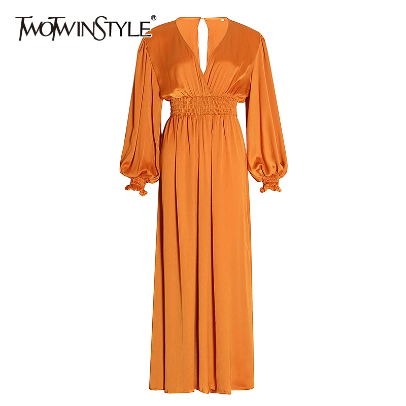 TWOTWINSTYLE Vintage Ruched Jumpsuits Female V Neck Lantern Long Sleeve Loose Wide Leg Sexy Jumpsuit Women Clothes 2020 Fashion TWOTWINSTYLE Vintage Ruched Jumpsuits Female V Neck Lantern Long Sleeve Loose Wide Leg Sexy Jumpsuit Women Clothes 2020 Fashion
