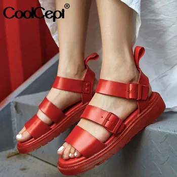

CoolCept Summer Women Shoes Genuine Leather Sandals Simple Buckle Sandals Thick Bottom Shoes Flat Beach Casual Shoes Size 34-43