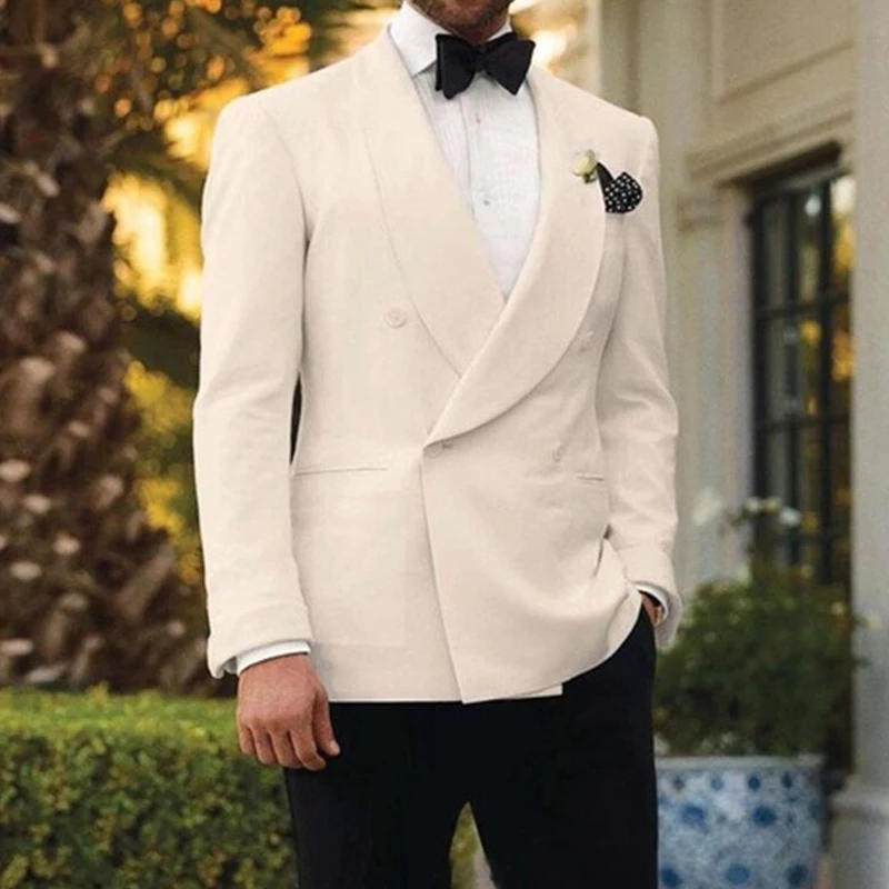 

White Double Breasted Wedding Tuxedo for Groom with Shawl Lapel 2 piece Slim fit Men Suits Set Jacket with Black Pants Fashion