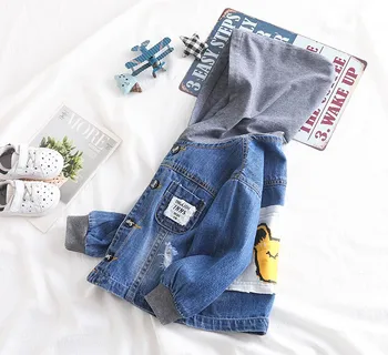 

80-100cm height new 2019 autumn cartoon boys denim jacket with hood 1pc kids spring autumn jacket gilrs fall clothing