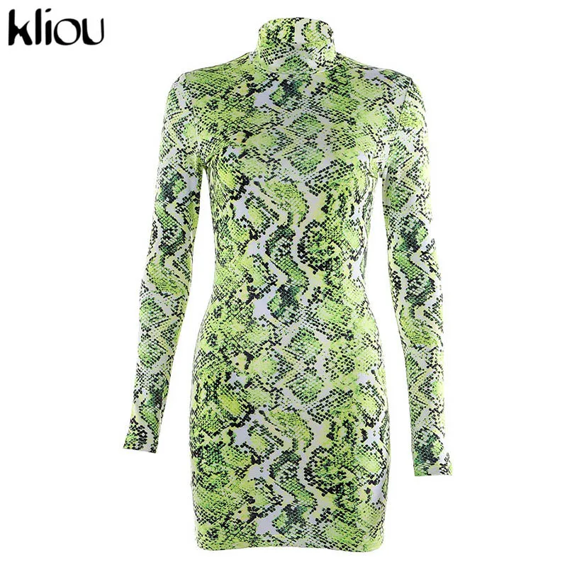 Kliou женские платья с узором змеиной кожи осень водолазка с длинным рукавом женское вечернее платье эластичная облегающая короткая модная одежда - Цвет: Зеленый