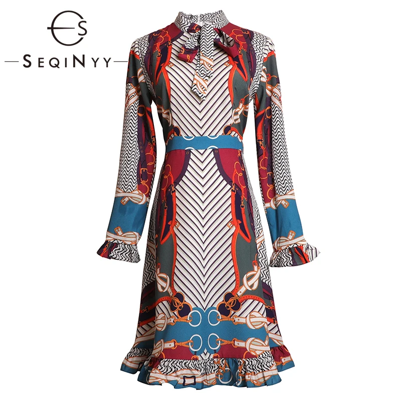

SEQINYY Vintage Dress 2020 Summer Spring New Fashion Design Women Long Sleeve Ruffles Slim Knee Print Dress