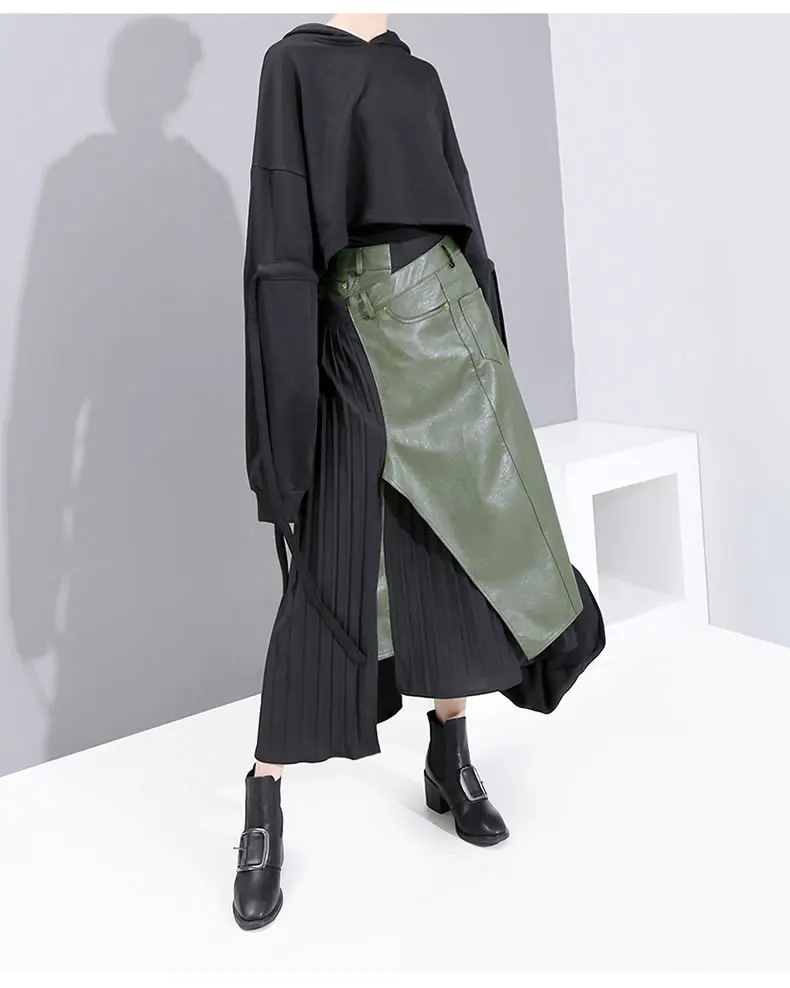 XITAO Tide юбка подчеркивающая индивидуальность Лоскутная Pu плиссированная нерегулярная линия карман женская одежда модная свободная элегантная юбка ZLL4477