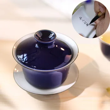 

Jindezhen Tuba Ceramics Tureen Manual Tea Set Teacup Infusion Of Tea Bowl Offering Blue Three Talents Bowl Lettering Write