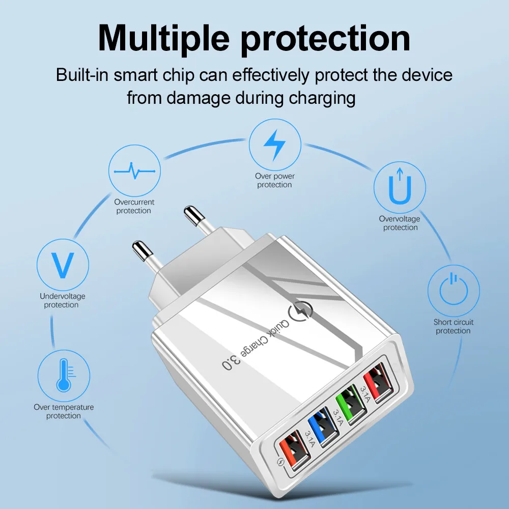 QC 3,0 Быстрая зарядка 4 USB мульти-порт 5 В/9 В/12 V смарт, для путешествий, для мобильных телефонов, зарядное устройство мобильного телефона нормами США Европейский стандарт 3A Быстрая зарядка