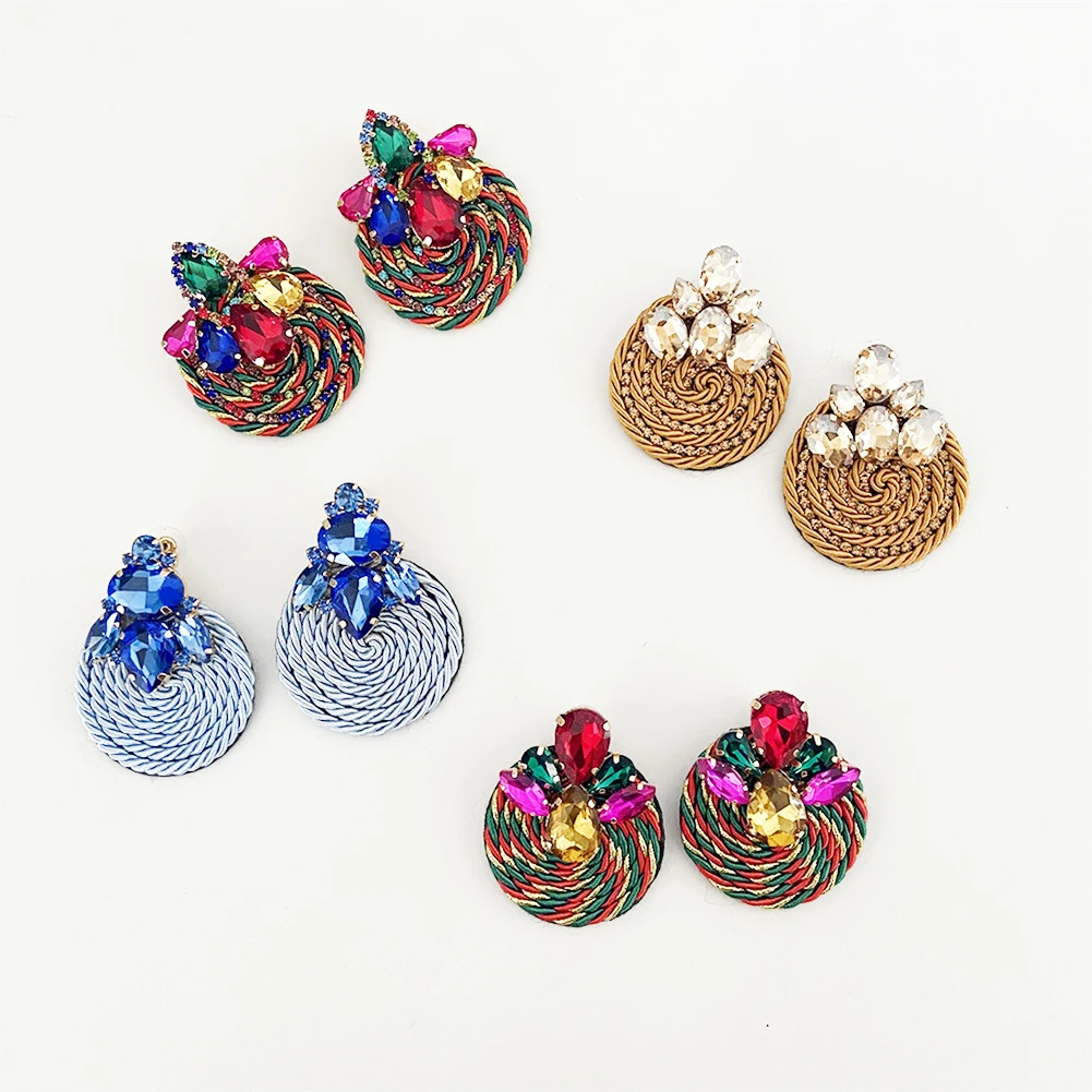 Round elastic wire braided winding earrings with diamonds personality exaggerated geometric glass diamond | Украшения и